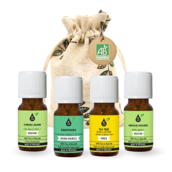 Coffret Huiles Essentielles BIO – Citron, Ravintsara, Tea Tree, Menthe – 4×10 ml