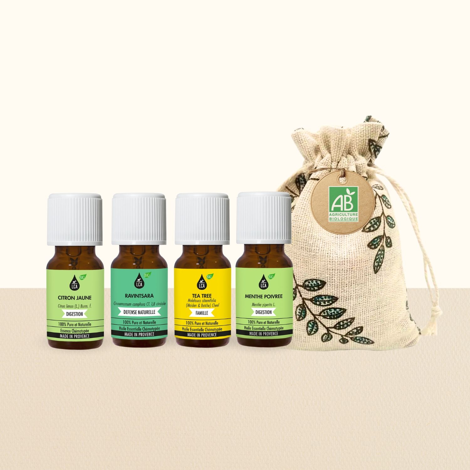 Coffret Huiles Essentielles BIO – Citron, Ravintsara, Tea Tree, Menthe – 4×10 ml
